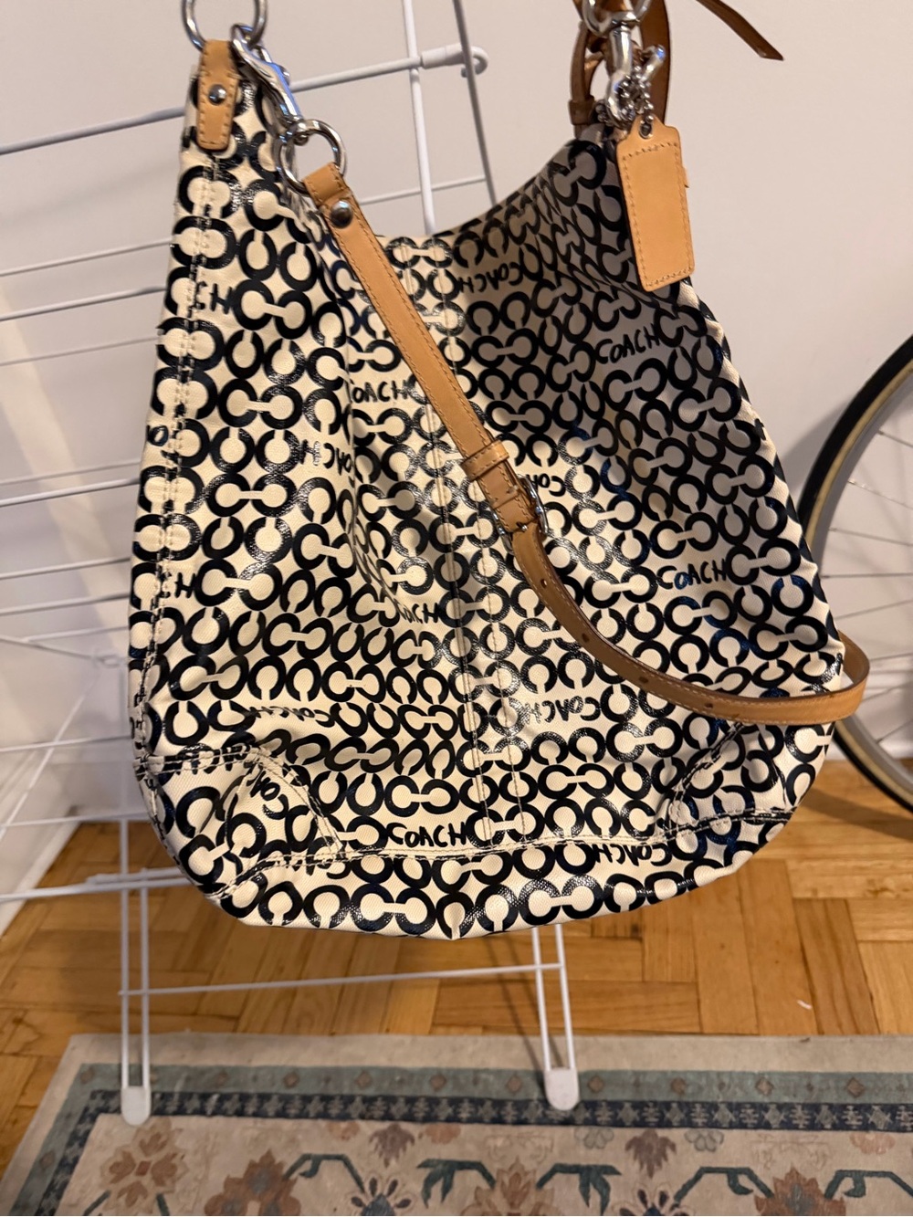 Coach Black and Cream Signature Canvas Shoulder Bag with Tan Trim